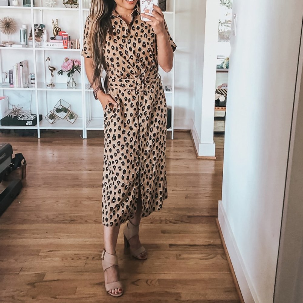 Leopard Print Short Sleeve Collared Midi Shirtdress,  Belted Button Up Dress
